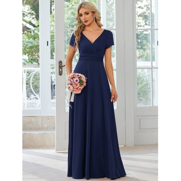 Sexy Custom Size V-neck Simple Pleated Empire Waist A-line Short Sleeve Navy Blue Satin Party Dress