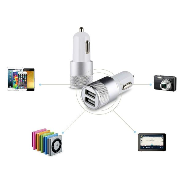 5V2.1A knurling dual USB car charger for mobile phone metal rings type