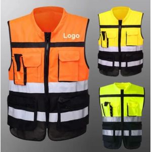 Patchwork Polyester Safety Vest With Pockets And Zipper Orange Green