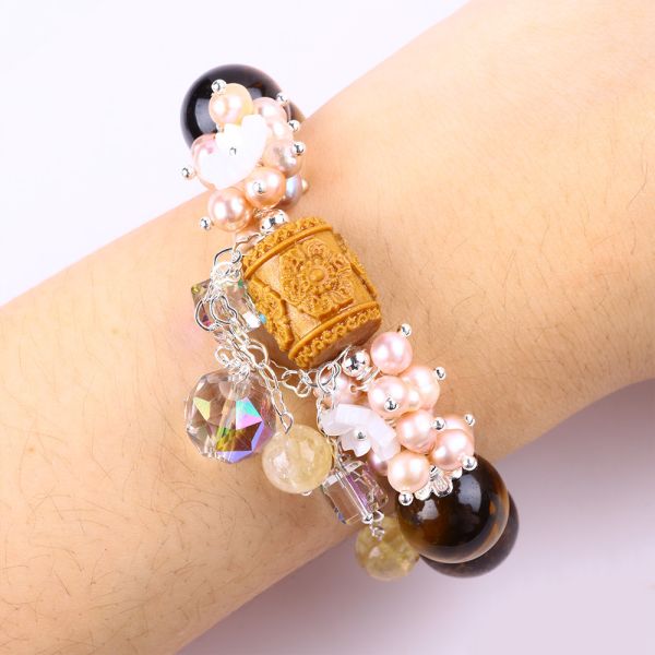 Natural 14MM Gorgeous Tiger Eye And Flower Fresh Water Pearl With Dangle Chain Bead Bracelet