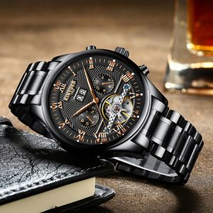 Fashion Stainless Steel Tourbillon Movement Mens Watch Waterproof KINYUED