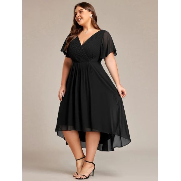 Empire Plus Size V-neck High-low A-line Short Sleeve Ruffled Black Chiffon Wedding Guest Cocktail Dress
