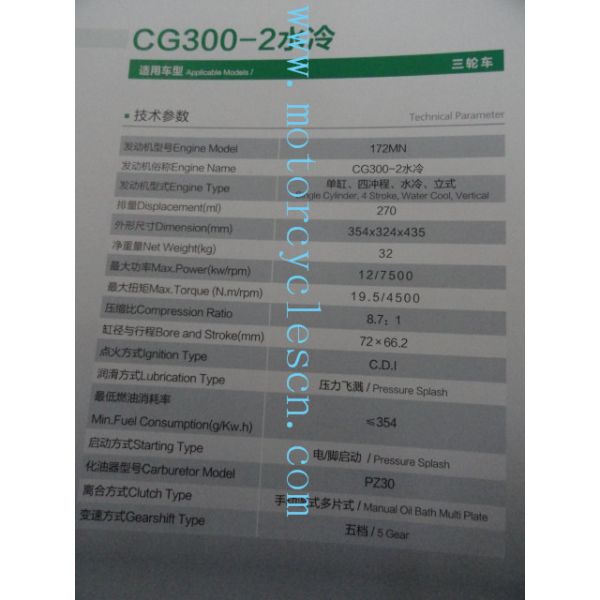 172MN CG300CC Single cylinder Steaming water cool Three Wheels Motorcycles Engines