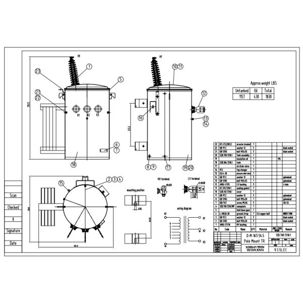 Single Phase Pole Mounted Distribution Transformer Dual Winding 167Kva 34.5KV To 120V