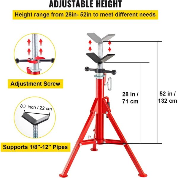 V Head Pipe Stand with 2500 lbs Load Capacity, Adjustable Height 28-52 inch, and Durable Carbon Steel Body for Pipe Threading and Welding