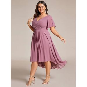 Empire Plus Size V-neck High-low A-line Short Sleeve Ruffled Purple Orchid