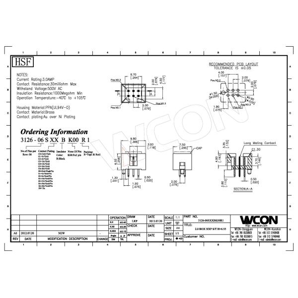 2.0mm H=6.35 Box Header Connector 2*3P Male Seat Current Rating 3.0AMP