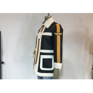 Black PU White Shearling Polyester Coat Warm Contrast Pleather Jacket With