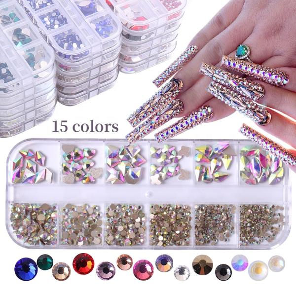 Nail Art Glass Stone strass 12 Grid/box Multi Shapes Mixed Sizes Flat Back Round nail charms in bulk Rhinestones