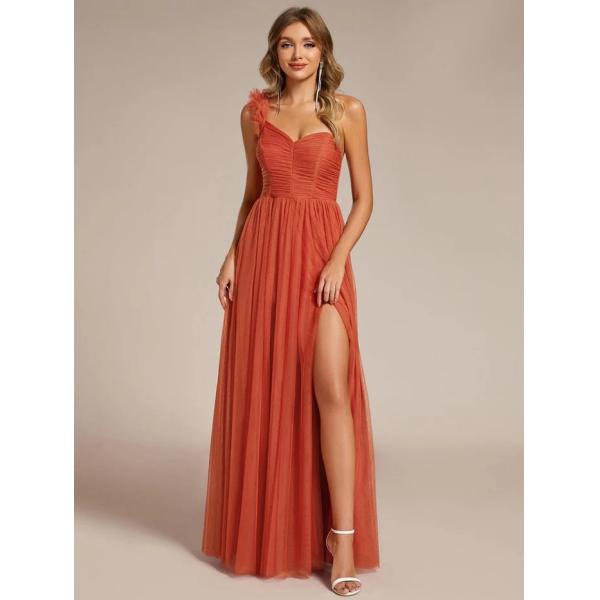 Exquisite One-shoulder Sweetheart Ruffled A-line Zipper Pleated High Slit Burnt Orange Tulle Evening Dress