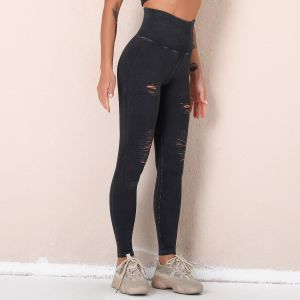 Wash yoga pants hole hollowed out seamless high-waisted sports pants cropped hip
