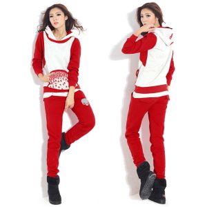 Women / Ladies Hooded Sweatshirts Red Cotton Casual Hoodies Set