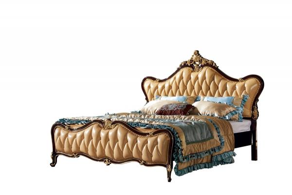 Buy Black painting and gold leaf Solid Wood King Size Royal Wooden Design Leather Bed at wholesale prices