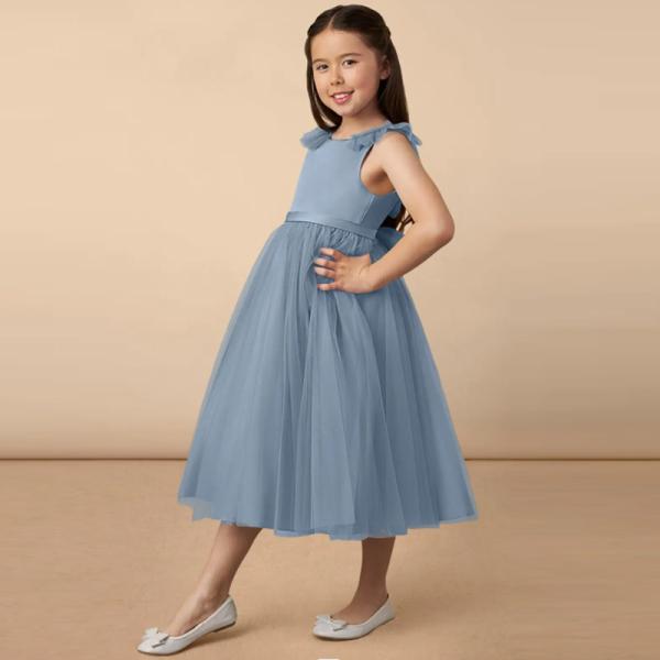Popular Girl Kids Dress Blue Tulle OEM ODM Baby Flower Girl Dresses Sleeveless Round Neckline Ruffles Ball Gown Retailer