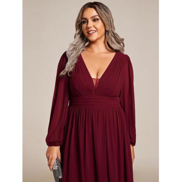 V-neck Plus Size Enchanting Lotus Leaf Lantern Sleeve Pleated Empire High Waist A-line Burgundy Chiffon Evening Dress