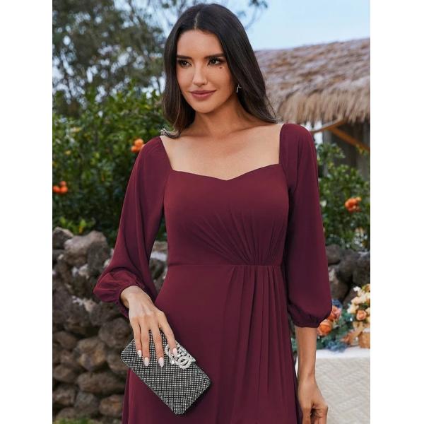 Plus Size Ruffled Long Sleeve High Slit Off-shoulder High Slit Burgundy Chiffon Prom Dress