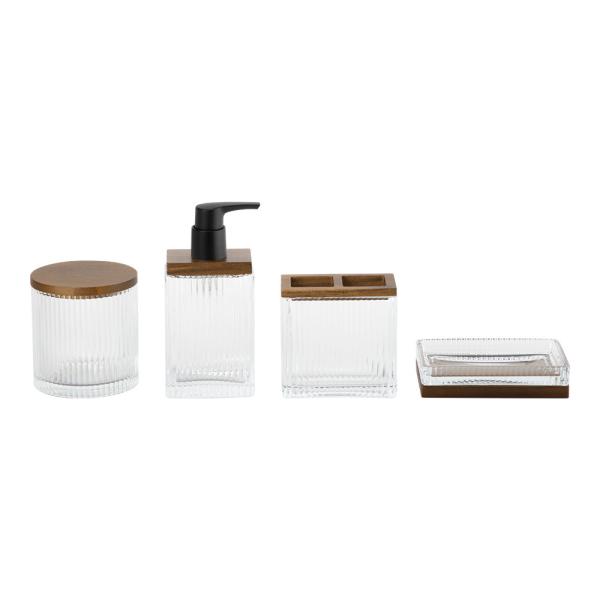 Buy Glass Bathroom Accessories Set Wood Pump Ribbed Vertical Stripe Soap Dispenser Tumbler at wholesale prices