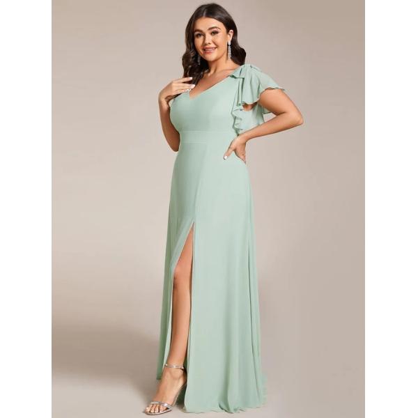 Empire Plus Size Zipper V-neck High Split A-line Short Sleeve Mint Green Chiffon Evening Dress