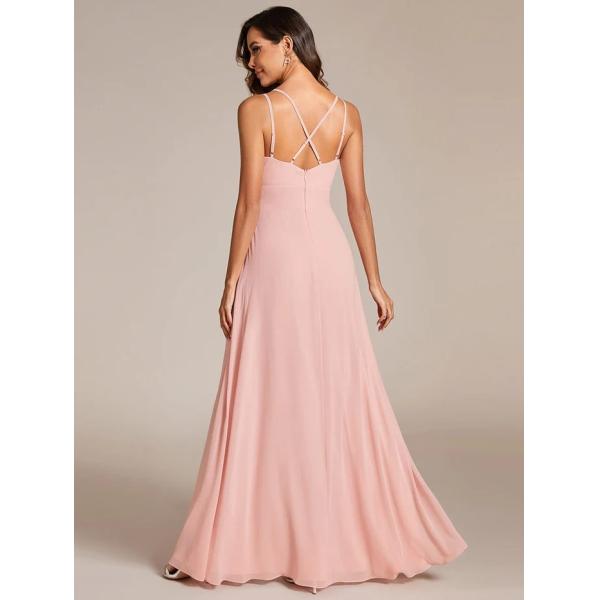 Empire Zipper A-line High Slit Pleated Adjustable Straps V-neck Pink Chiffon Bridesmaid Dress