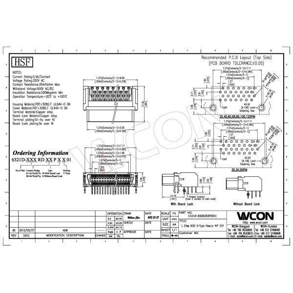 1.27mm board to board connector female 20 - 68 pins polyester phosphor bronze