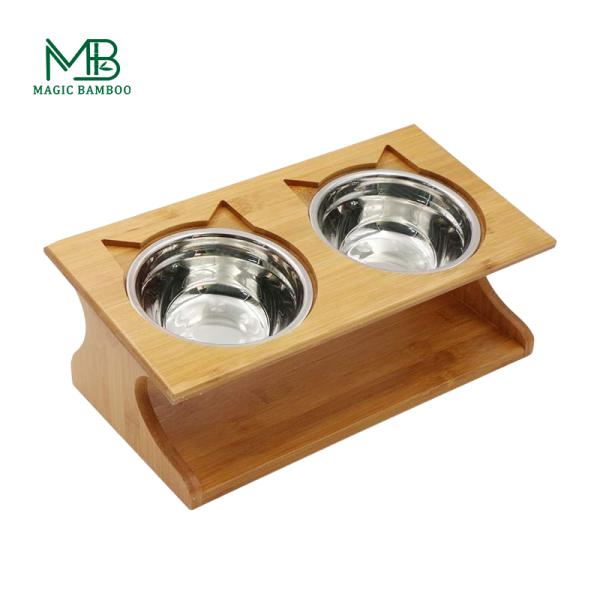 35x17.5x13cm Bamboo Elevated Dog Cat Food Stand Feeder with 2 Stainless Steel Raised Bowls Customer Logo