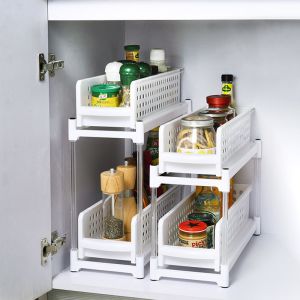 Double Tiers Plastic Pantry Shelves PP Shelf Plastic Kitchen Rack