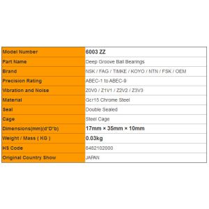 Miniature Ball bearings 6003 ZZ 17mm × 35mm × 10mm Machine Bearing