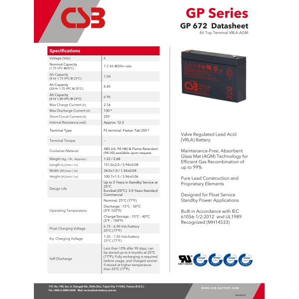 CSB Battery GP672 6V 7.2Ah Rechargeable Maintenance-Free 7.2Ah Lead Acid Battery