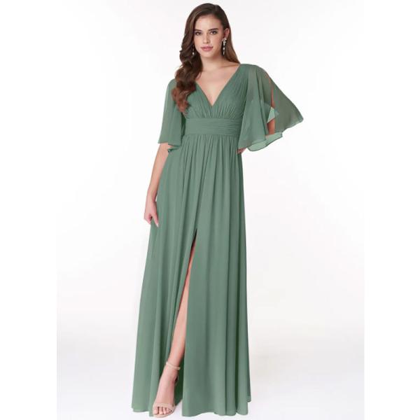 Elegant Wholesale Ruched Chiffon Long Bridesmaid Dress Short Cap Sleeves V-Neck Ruched Front Split Slit Floor-Length