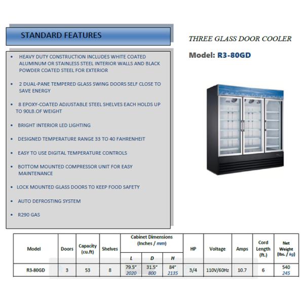 R290 GAS Commercial 3 Door Merchandiser Refrigerator 41.3 Cu.Ft