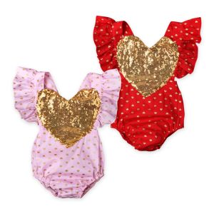 Infant girls flutter sleeveless rompers wholesales Sequins heart Embroidered