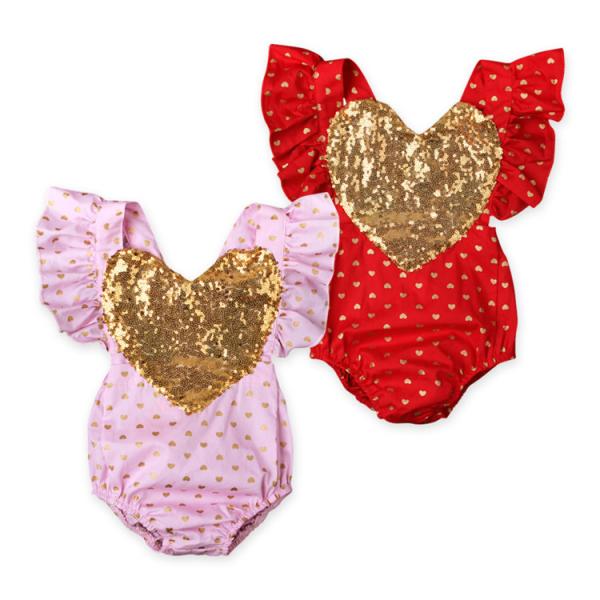 Infant girls flutter sleeveless rompers wholesales Sequins heart Embroidered