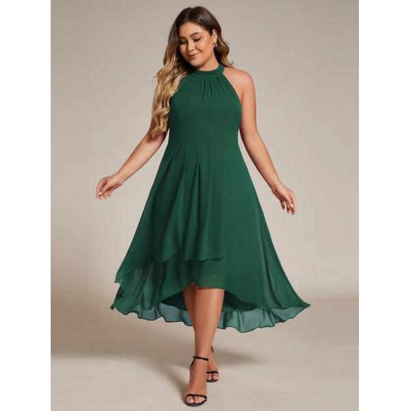 Sexy A-line Sleeveless Halter Neck Wedding Guest Dress Dark Green Chiffon Graduation Dresses