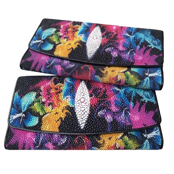 Authentic Stingray Skin Closure Female Large Flower Purse Wallet Genuine Leather Lady Phone Clutch Women Card Holder