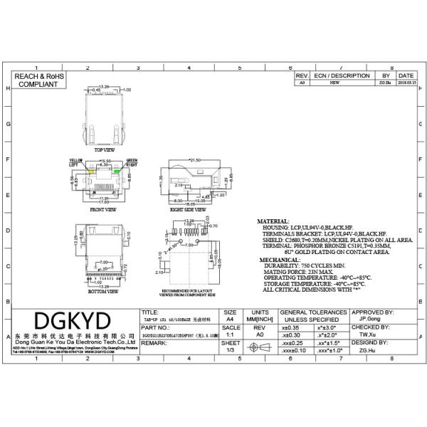 DGKYD 7 pin SMD RJ45 Network Connector with LCP housing