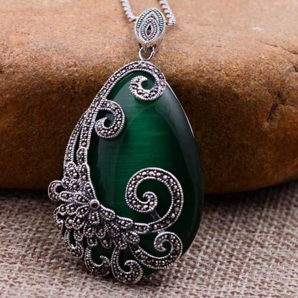 925 Silver Drop Shape Green Opal Marcasite Retro Pendant Necklace (N20180410GREEN)
