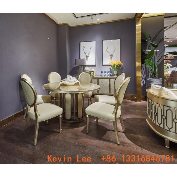 Buy Luxury dining room furniture circle table on golden leaf painting with Stainless steel legs used by Beech wood chairs at wholesale prices