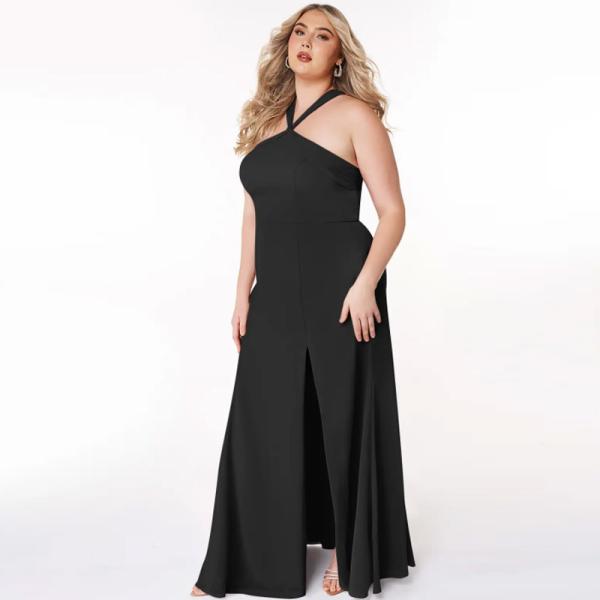 Unique Black Chiffon Bridesmaid Dress Front Split Slit A-Line Halter Keyhole Backless Mermaid Plus Size