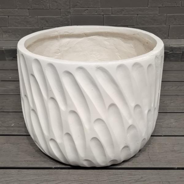 Curved Flowing Ocean Breeze Pattern White Round Fiber Clay Planter Garden Landscaping