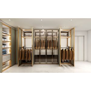 Sophisticated Green Bean Gray U Shaped Walk In Closet With Metallic Finish Trim