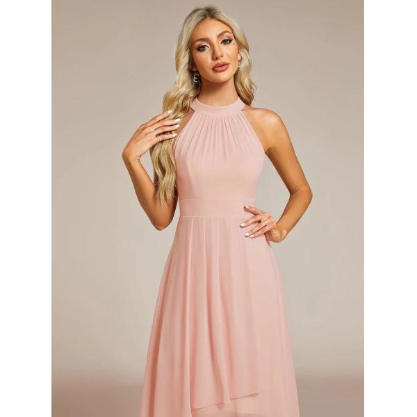 Tea-length A-line Sleeveless Halter Neck Wedding Guest Dress Pink Chiffon Cocktail Dresses