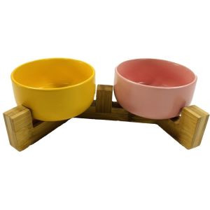 Quality Sustainable Bamboo 2 In 1 Design Sturdy Anti-Rollover Pet Dog Bowl Holder for Your Living Room for sale