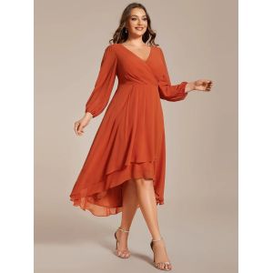 Plus Size Ruffled A-line Long Sleeve V-neck High Low Wedding Guest Black Chiffon