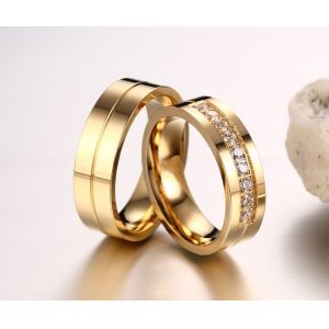 6mm Wedding Stainless Steel Rings with CZ Stone Inlay Gold Plated Flat Edges