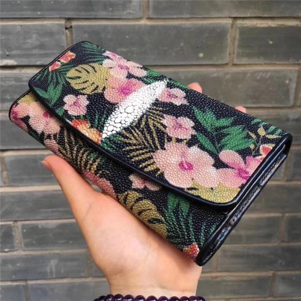 Authentic Stingray Skin Female Long Flower Trifold Wallet Genuine Leather Lady Large Clutch Bag Women Floral Coin Purse