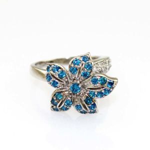 Women Jewelry Flower Design Sterling Silver Pave Blue Cubic Zirconia Ring (S