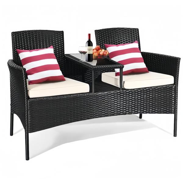 153cm Loveseat Set Patio Wicker Conversation Set Rattan Removable Cushions