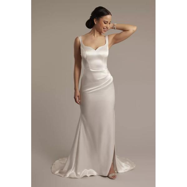 Luxe Tank Straps Sheath Sweetheart Neckline Sweep Train Side Zipper White Satin Wedding Dress With Cowl Back