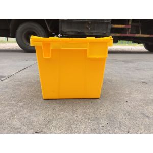 Yellow Plastic Storage Bins Attached Lids Stacked For Transportation