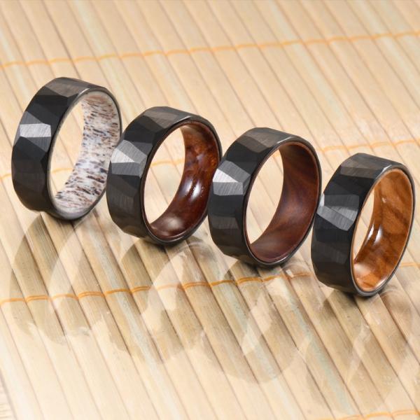 Sample Making 8mm Faceted Hammered Tungsten Ring with Whiskey Barrel Wood Inner Mens Wedding Ring Comfort Fit